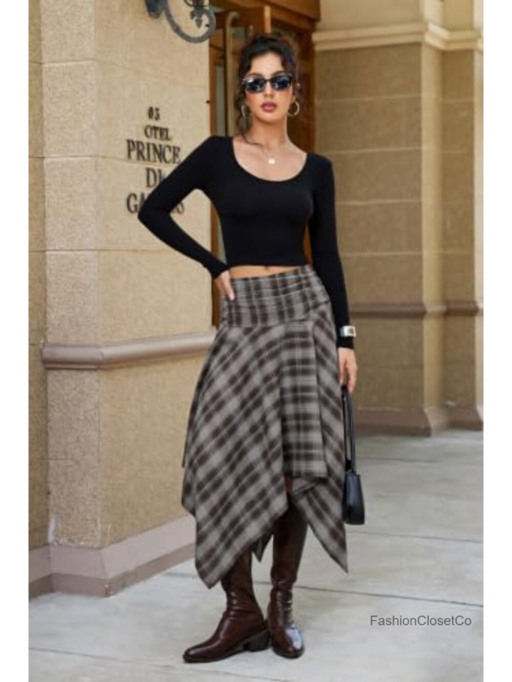 Asymmetrical Plaid Midi Skirt Y2K Handkerchief Hem High Rise - Picture 3 of 5